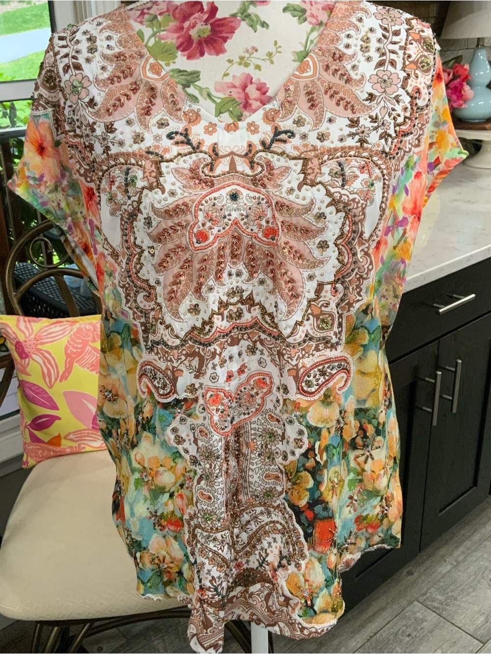 Soft Surroundings Blouse Embellished Beaded Art To Wear Petite XL Dolman Sleeve